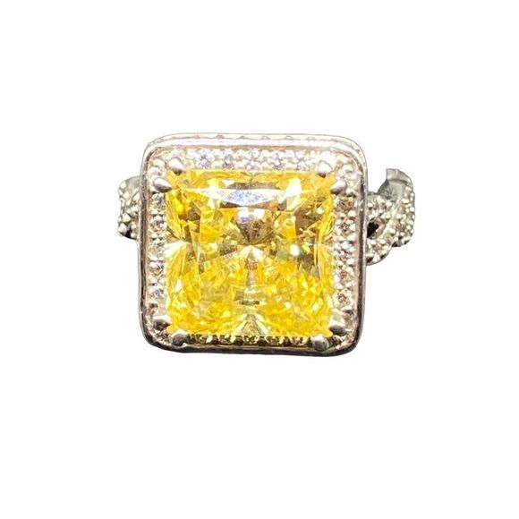 Sterling silver 925 Canary diamond princess cut CZ halo style high profile wrapp - Picture 3 of 16